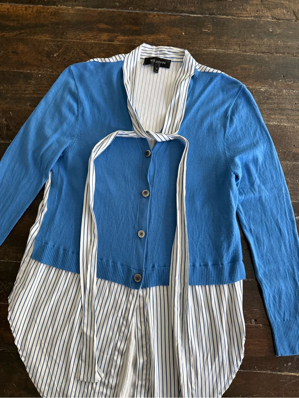 St. John Blue Knit Cardigan with Attached White & Navy Striped Shirt Detail